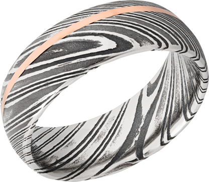 Handmade 8mm woodgrain Damascus steel band with an off center inlay of 14K rose gold