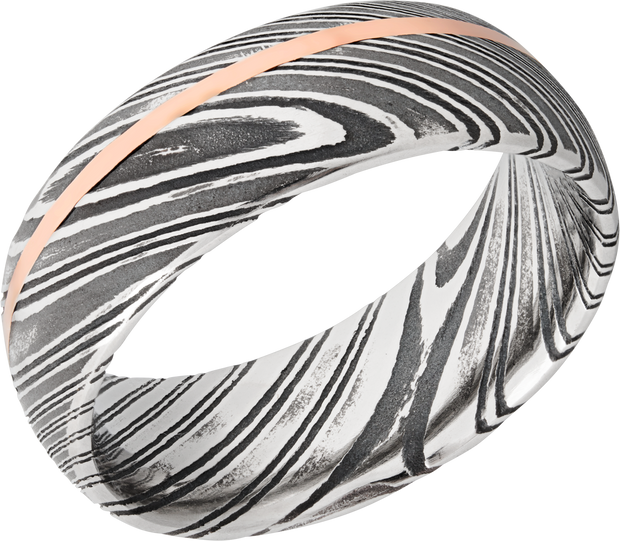 Handmade 8mm woodgrain Damascus steel band with an off center inlay of 14K rose gold