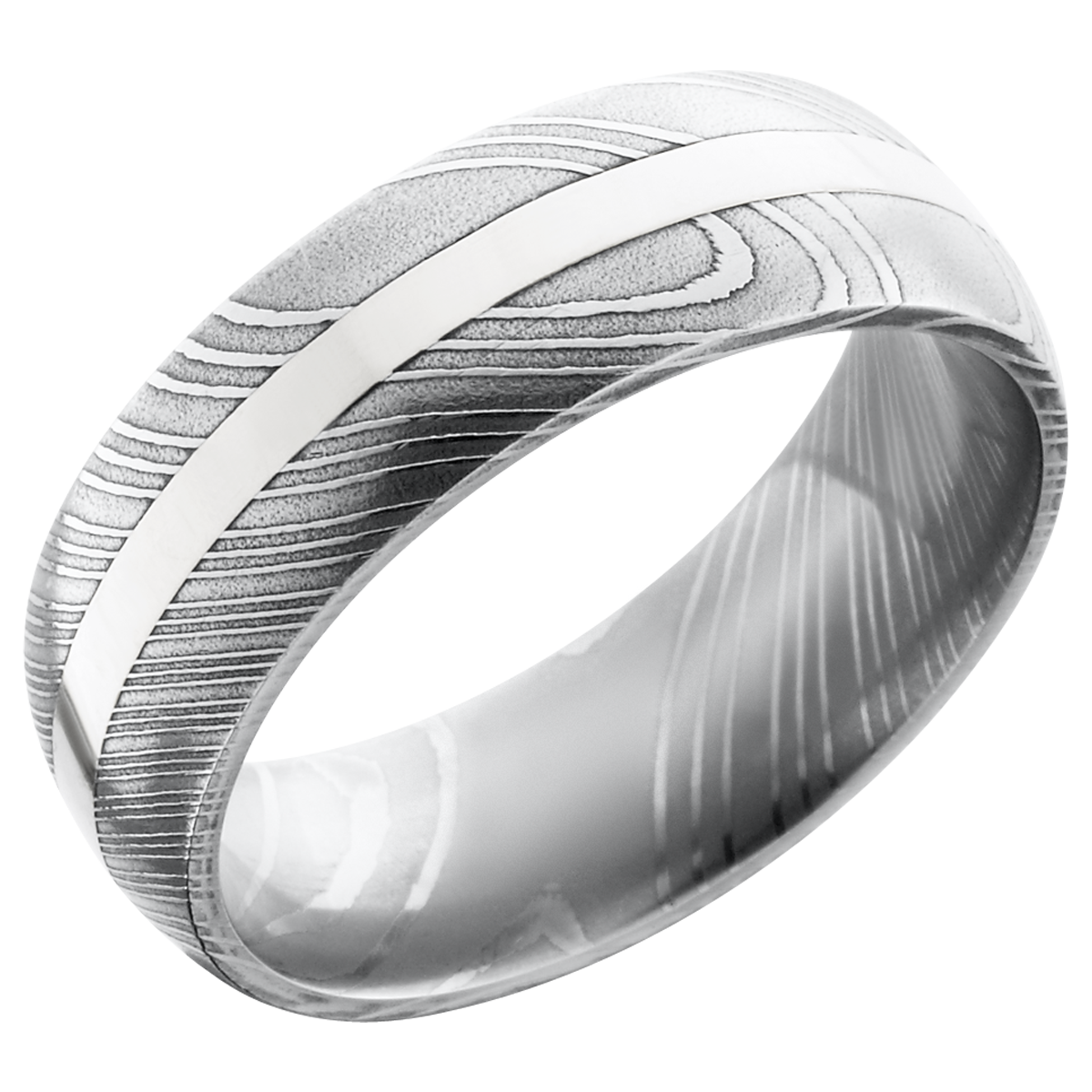 handmade 8mm damascus steel domed band with an inlay of 14k white gold