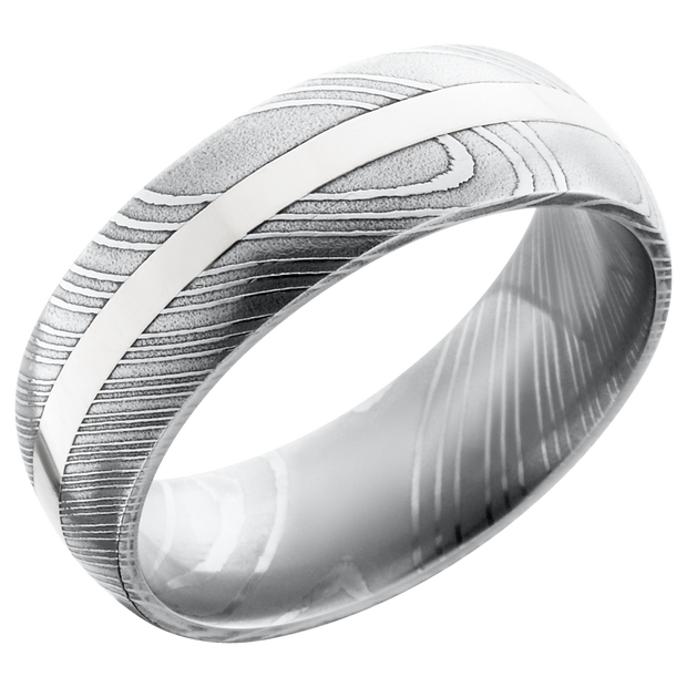Handmade 8mm Damascus steel domed band with an inlay of 14K white gold