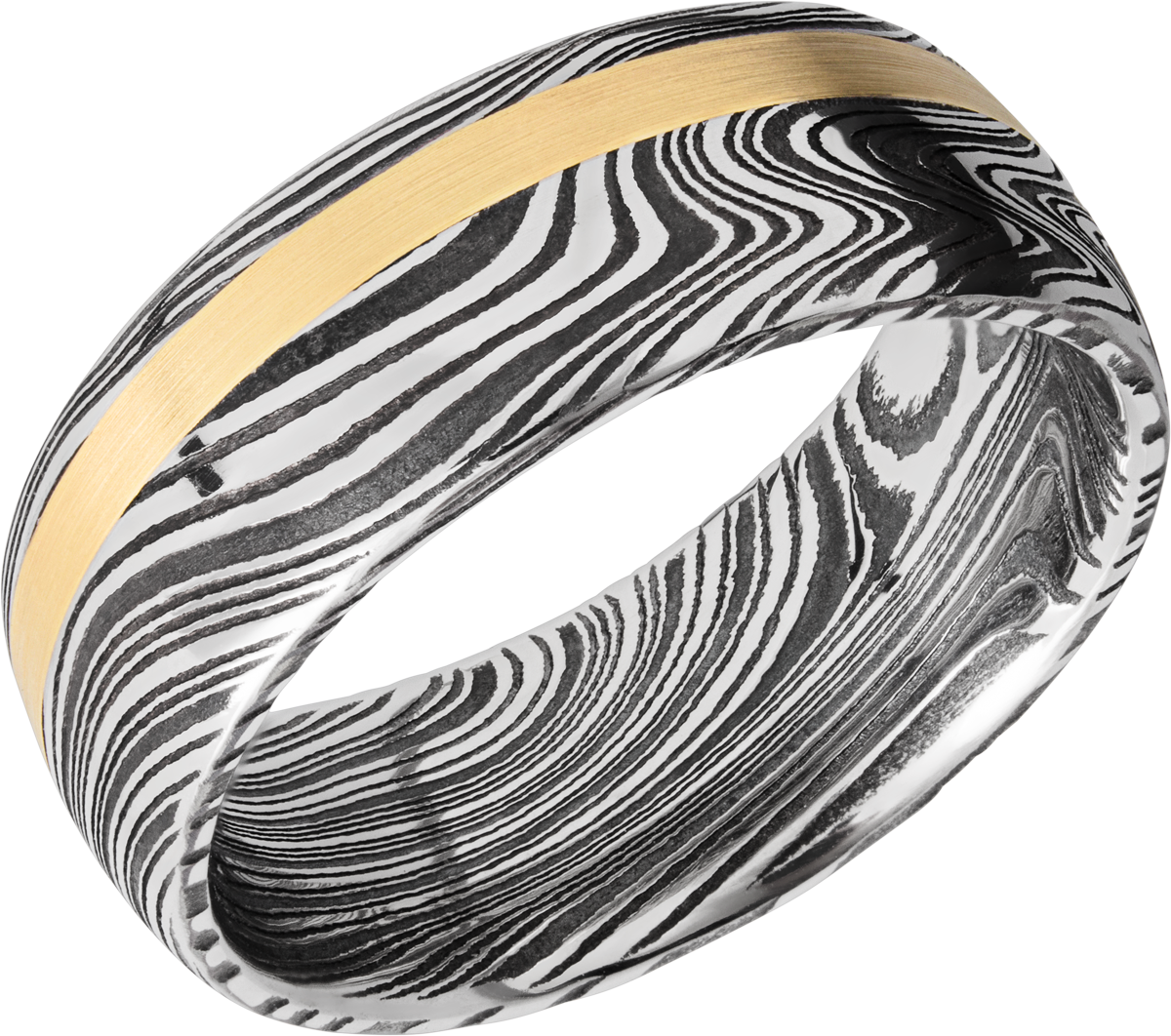 handmade 8mm marble damascus steel domed band with an off center inlay of 14k yellow gold