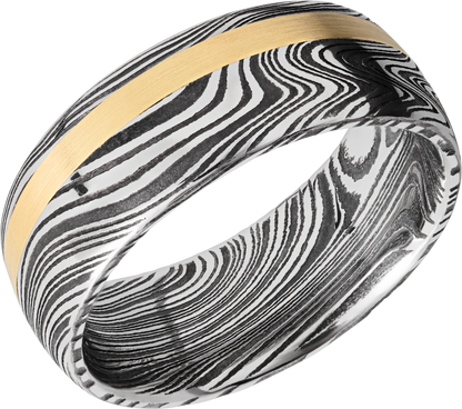 Handmade 8mm marble Damascus steel domed band with an off center inlay of 14K yellow gold