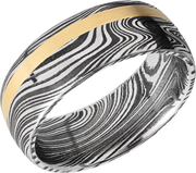 Handmade 8mm marble Damascus steel domed band with an off center inlay of 14K yellow gold