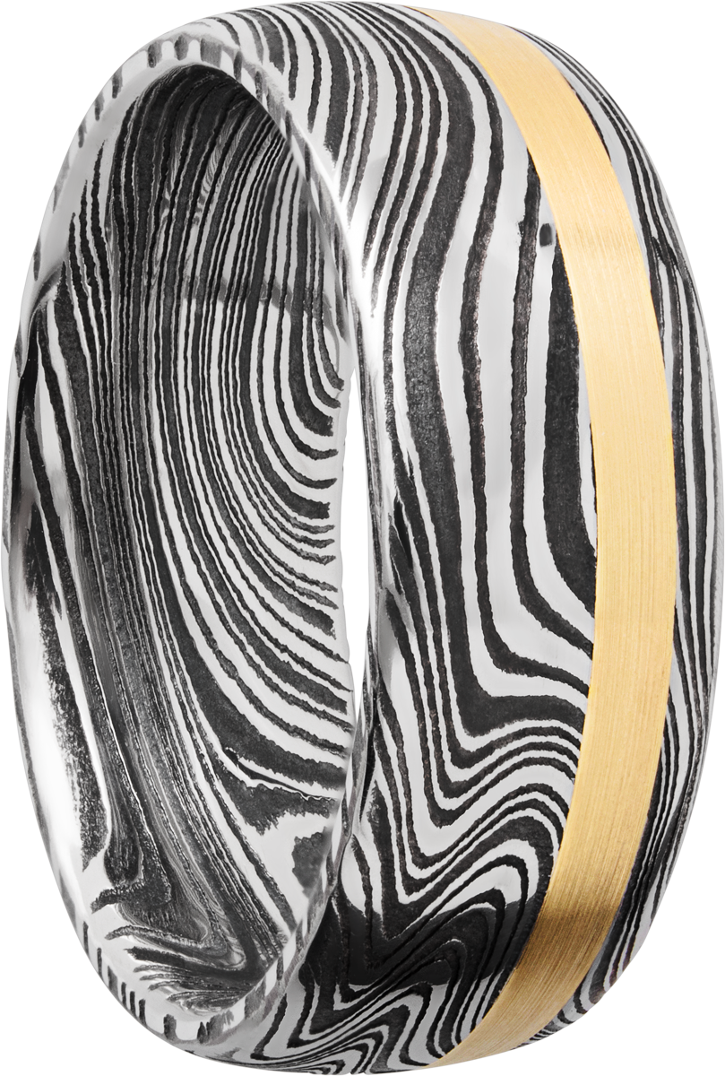 handmade 8mm marble damascus steel domed band with an off center inlay of 14k yellow gold