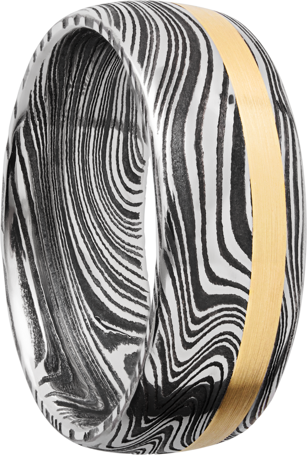 Handmade 8mm marble Damascus steel domed band with an off center inlay of 14K yellow gold