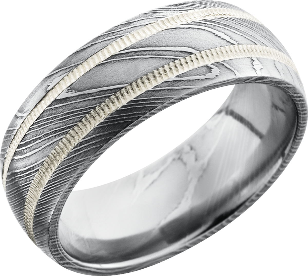 handmade 8mm damascus steel domed band with 2, 1mm reverse milgrain inlays of sterling silver