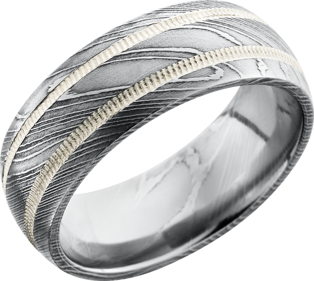 Handmade 8mm Damascus steel domed band with 2, 1mm reverse milgrain inlays of sterling silver
