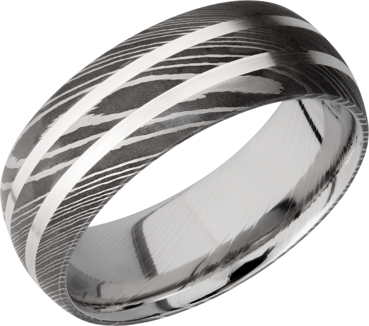 handmade 8mm damascus steel domed band with 2, 1mm inlays of sterling silver