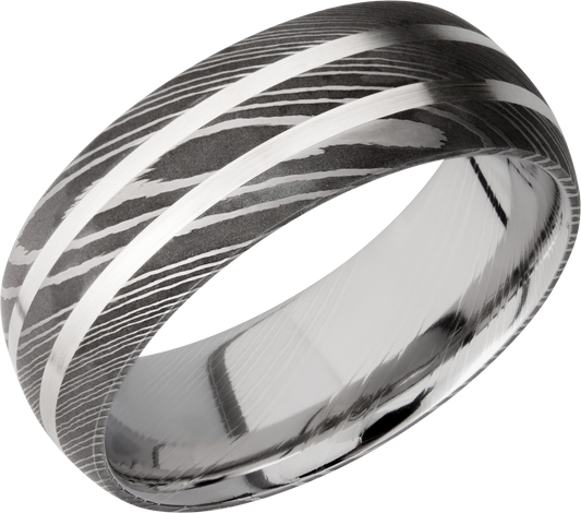 Handmade 8mm Damascus steel domed band with 2, 1mm inlays of sterling silver