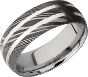 Handmade 8mm Damascus steel domed band with 2, 1mm inlays of sterling silver