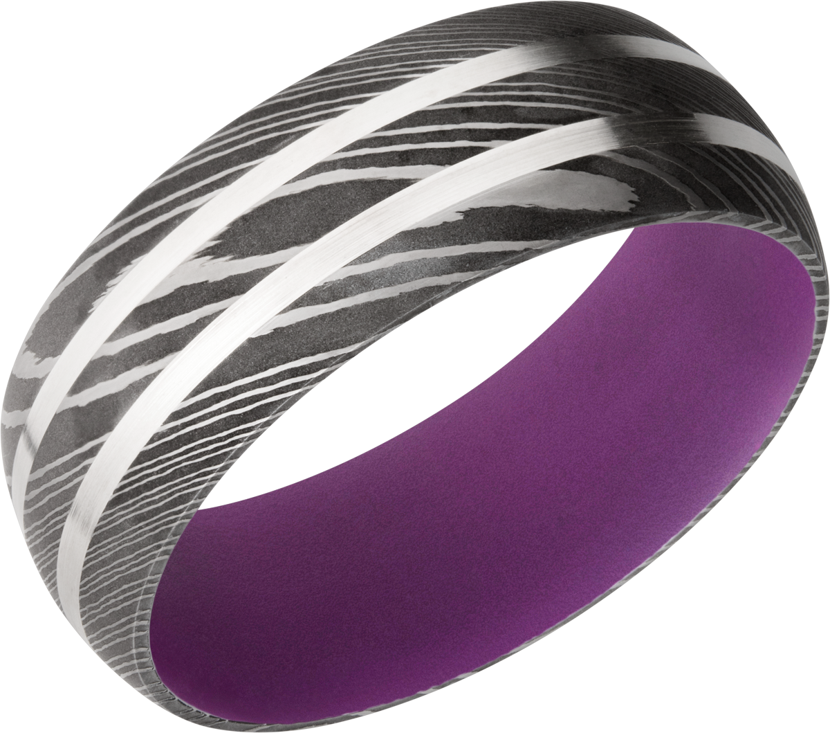 damascus steel domed band with 2, 1mm inlays of sterling silver and a wild purple cerakote sleeve