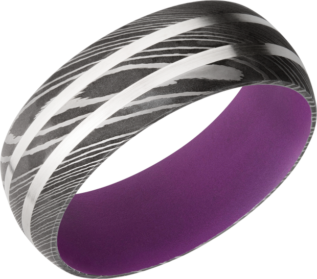 Damascus steel domed band with 2, 1mm inlays of Sterling Silver and a Wild Purple Cerakote sleeve