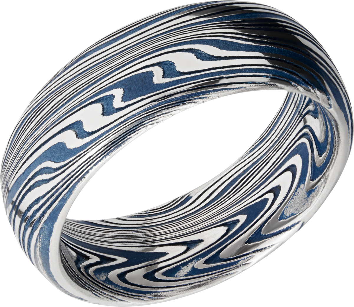 marble damascus steel 8mm domed band with ridgeway blue cerakote in the recessed pattern