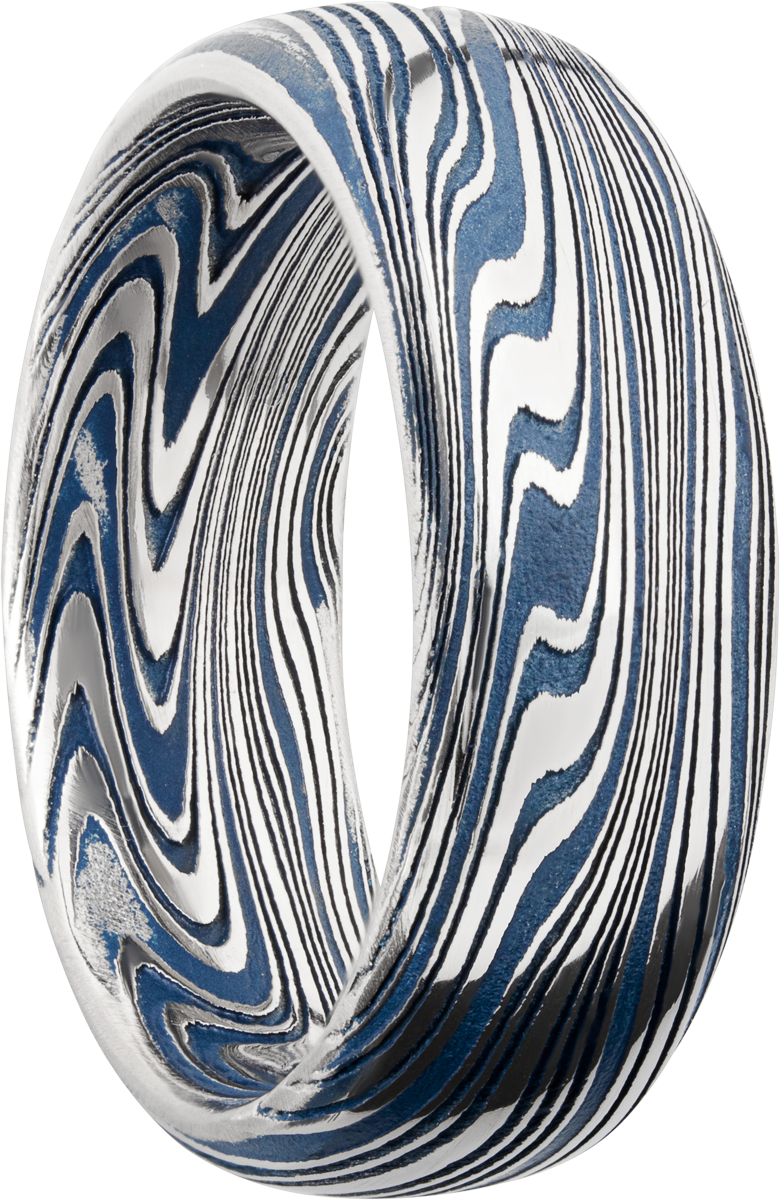 marble damascus steel 8mm domed band with ridgeway blue cerakote in the recessed pattern