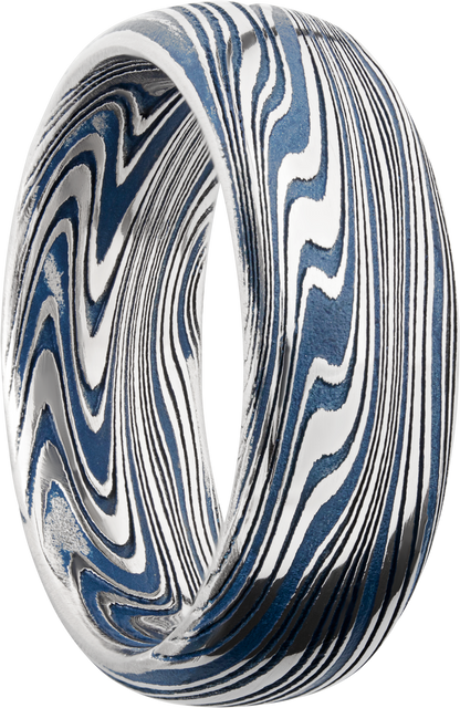 Marble Damascus steel 8mm domed band with Ridgeway Blue Cerakote in the recessed pattern