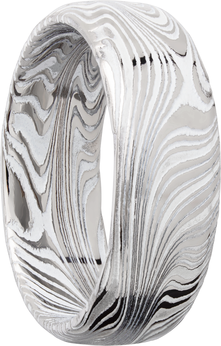 marble damascus steel 8mm domed band with white cerakote in the recessed pattern