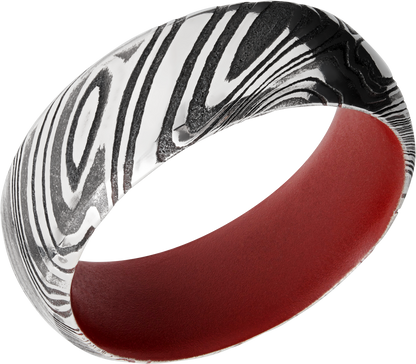 Woodgrain Damascus steel 8mm domed band with beveled edges a red Cerakote sleeve