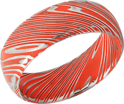 Woodgrain Damascus steel 8mm domed band beveled edges and Hunter Orange Cerakote in the recessed pattern