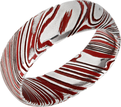 Woodgrain Damascus steel 8mm domed band beveled edges and red Cerakote in the recessed pattern