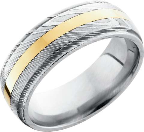 Handmade 8mm Damascus steel domed band with grooved edges and an inlay of 14K yellow gold