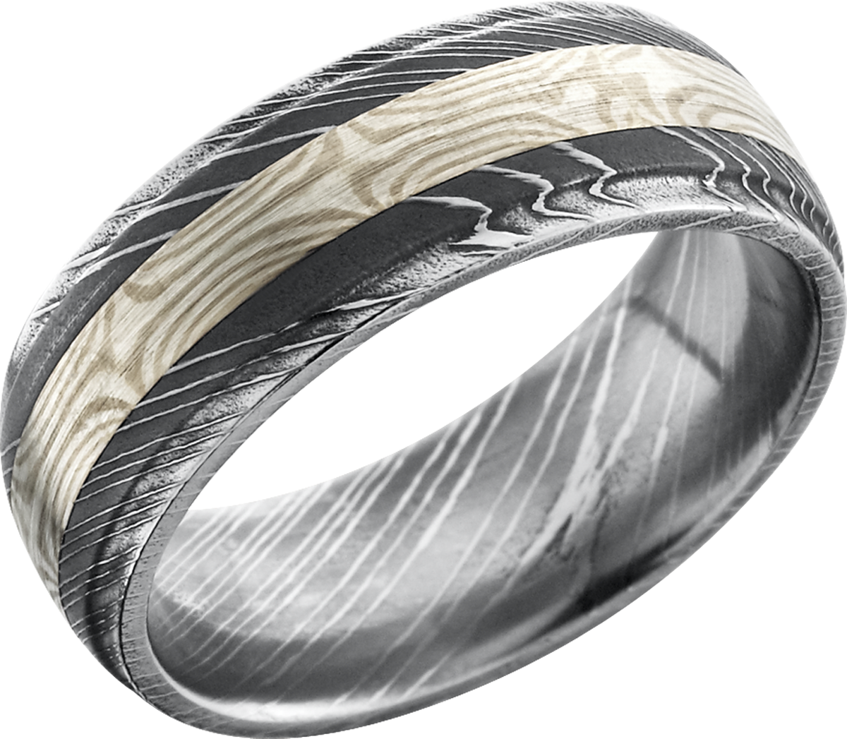 handmade 8mm damascus steel domed band with grooved edges and an inlay of mokume gane