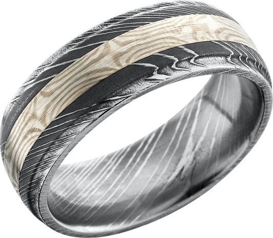 Handmade 8mm Damascus steel domed band with grooved edges and an inlay of Mokume Gane