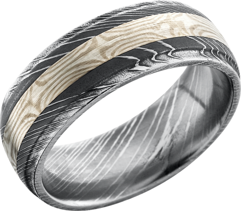 Handmade 8mm Damascus steel domed band with grooved edges and an inlay of Mokume Gane