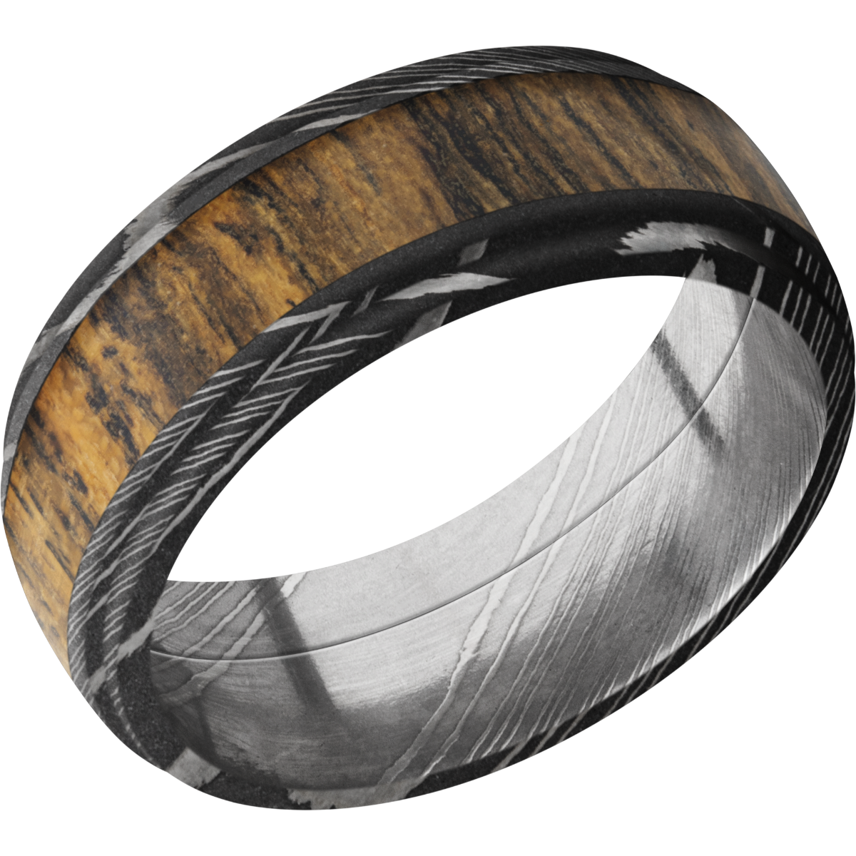 damascus steel 8mm domed band with grooved edges and an inlay of bocote hardwood