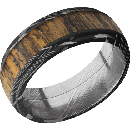 Damascus steel 8mm domed band with grooved edges and an inlay of Bocote hardwood