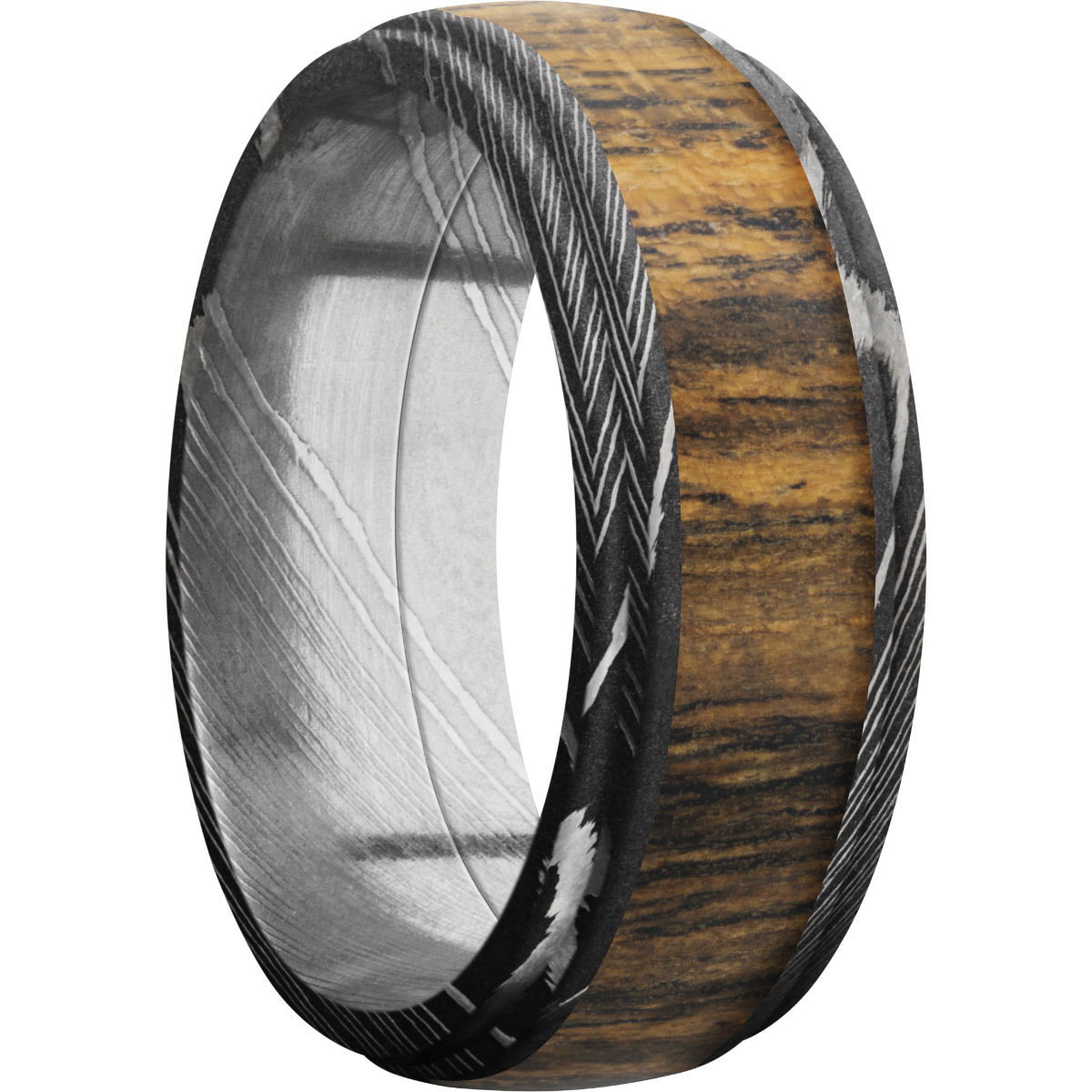 damascus steel 8mm domed band with grooved edges and an inlay of bocote hardwood