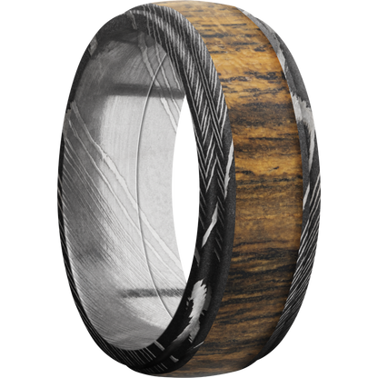 Damascus steel 8mm domed band with grooved edges and an inlay of Bocote hardwood