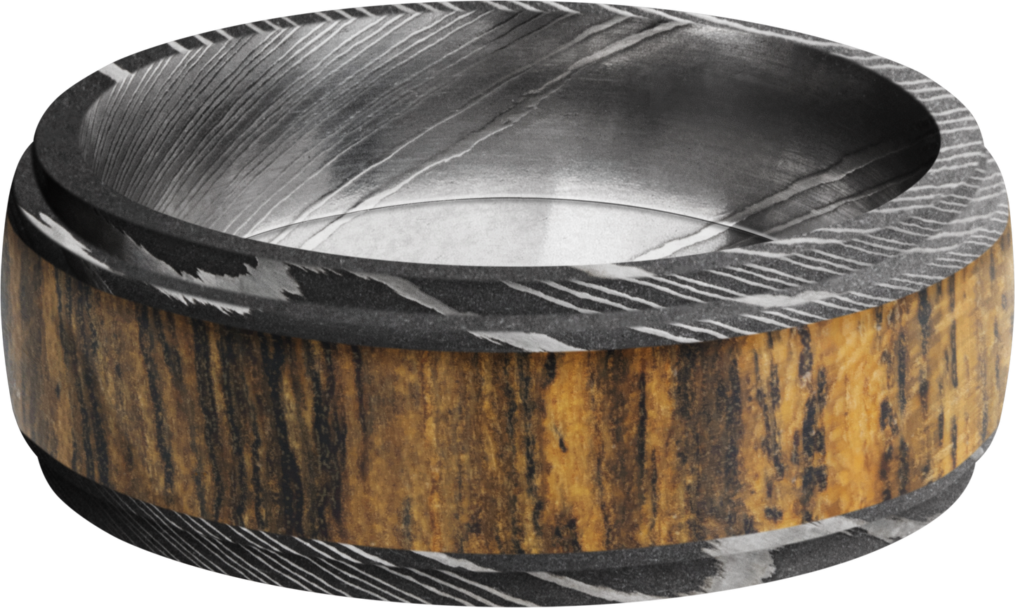 damascus steel 8mm domed band with grooved edges and an inlay of bocote hardwood