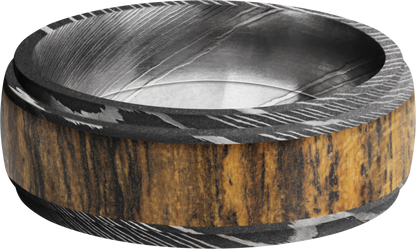 Damascus steel 8mm domed band with grooved edges and an inlay of Bocote hardwood