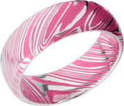 Woodgrain Damascus steel 8mm domed band beveled edges and pink Cerakote in the recessed pattern
