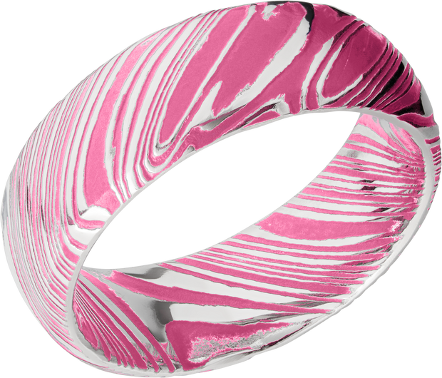 Woodgrain Damascus steel 8mm domed band beveled edges and pink Cerakote in the recessed pattern