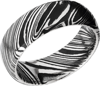 Woodgrain Damascus steel 8mm domed band beveled edges and Black Cerakote in the recessed pattern