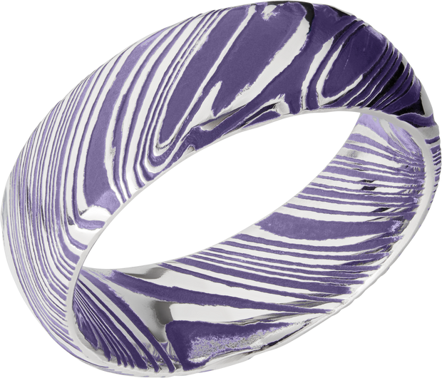 Woodgrain Damascus steel 8mm domed band beveled edges and Bright Purple Cerakote in the recessed pattern