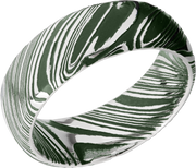 Woodgrain Damascus steel 8mm domed band beveled edges and Eastern Green Cerakote in the recessed pattern
