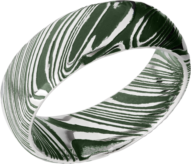 Woodgrain Damascus steel 8mm domed band beveled edges and Eastern Green Cerakote in the recessed pattern
