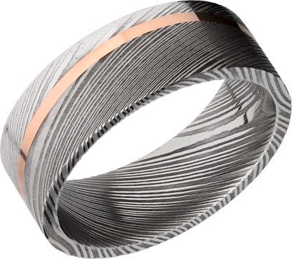 Handmade 8mm Damascus steel band with an angled inlay of 14K rose gold