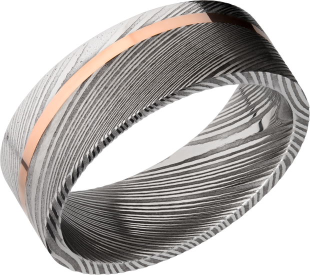 Handmade 8mm Damascus steel band with an angled inlay of 14K rose gold