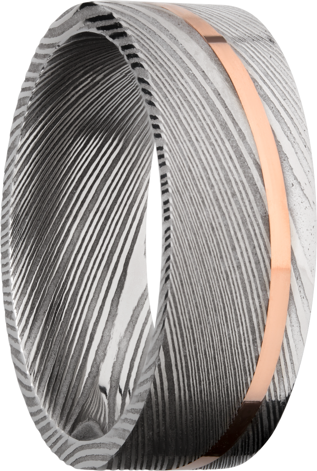 Handmade 8mm Damascus steel band with an angled inlay of 14K rose gold