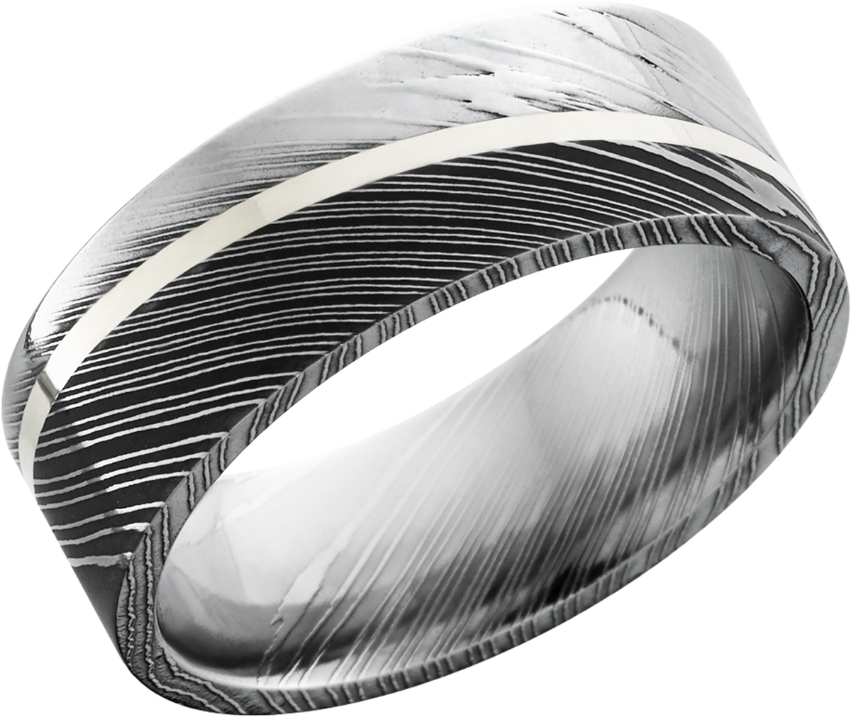 handmade 8mm damascus steel band with an angled inlay of sterling silver