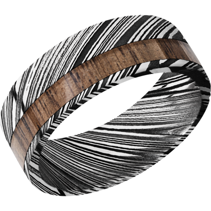 Damascus steel 8mm flat band with 1, 3mm off-centered inlay of Walnut hardwood