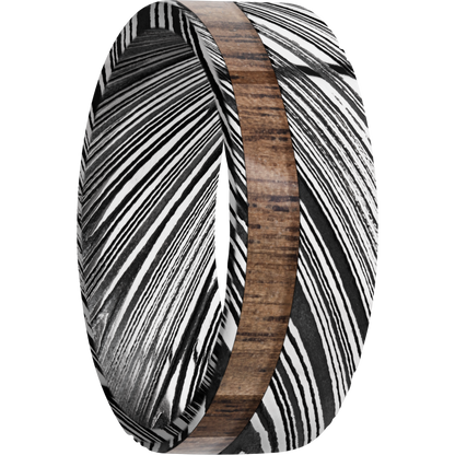 Damascus steel 8mm flat band with 1, 3mm off-centered inlay of Walnut hardwood