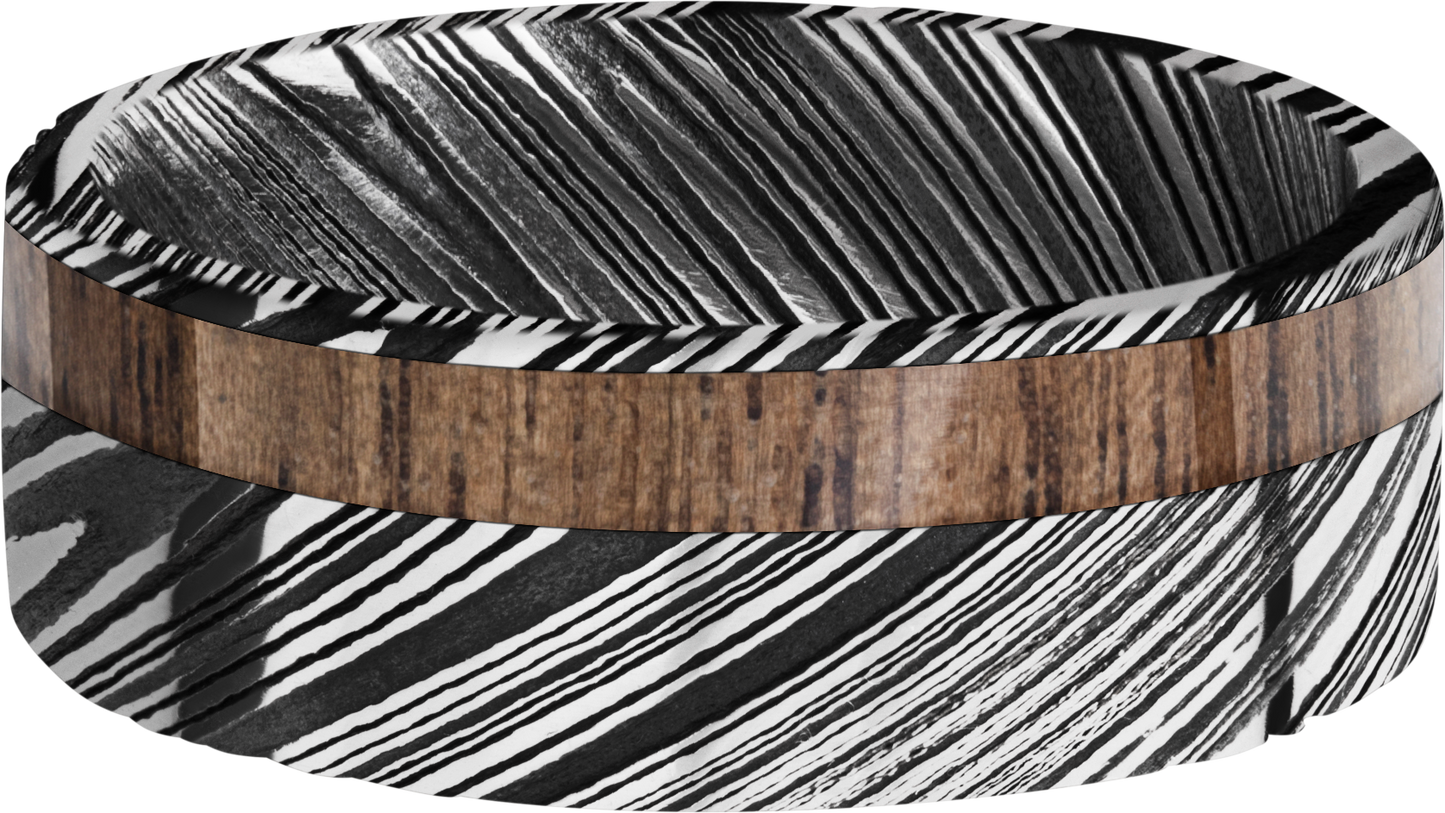 damascus steel 8mm flat band with 1, 3mm off-centered inlay of walnut hardwood