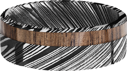 Damascus steel 8mm flat band with 1, 3mm off-centered inlay of Walnut hardwood