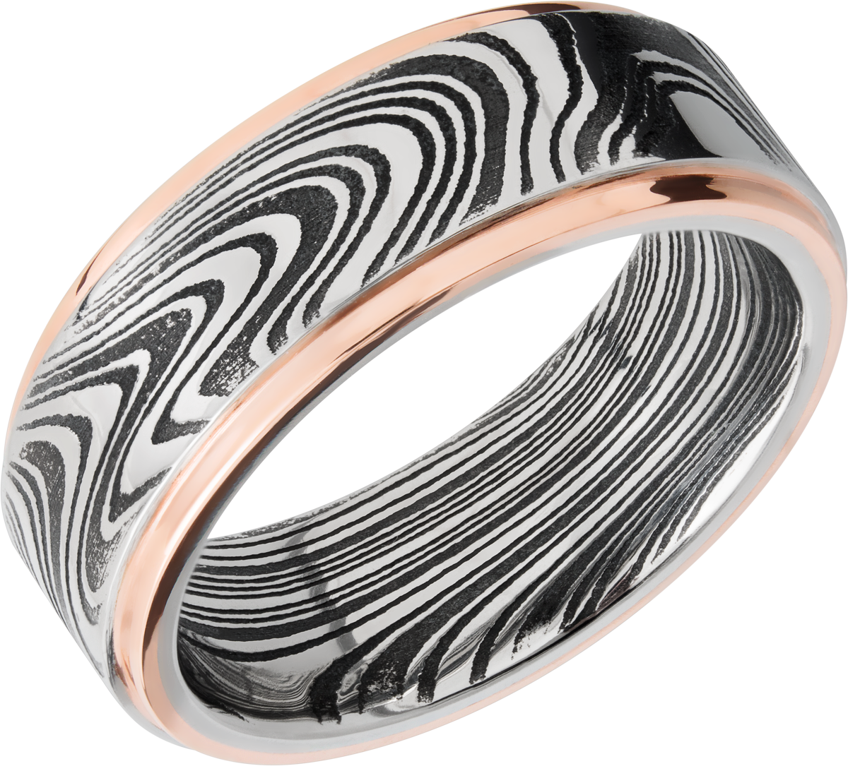 handmade 8mm marble damascus steel flat band with 14k rose gold grooved edges