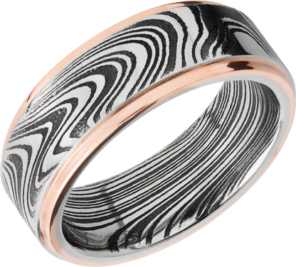 Handmade 8mm marble Damascus steel flat band with 14K rose gold grooved edges