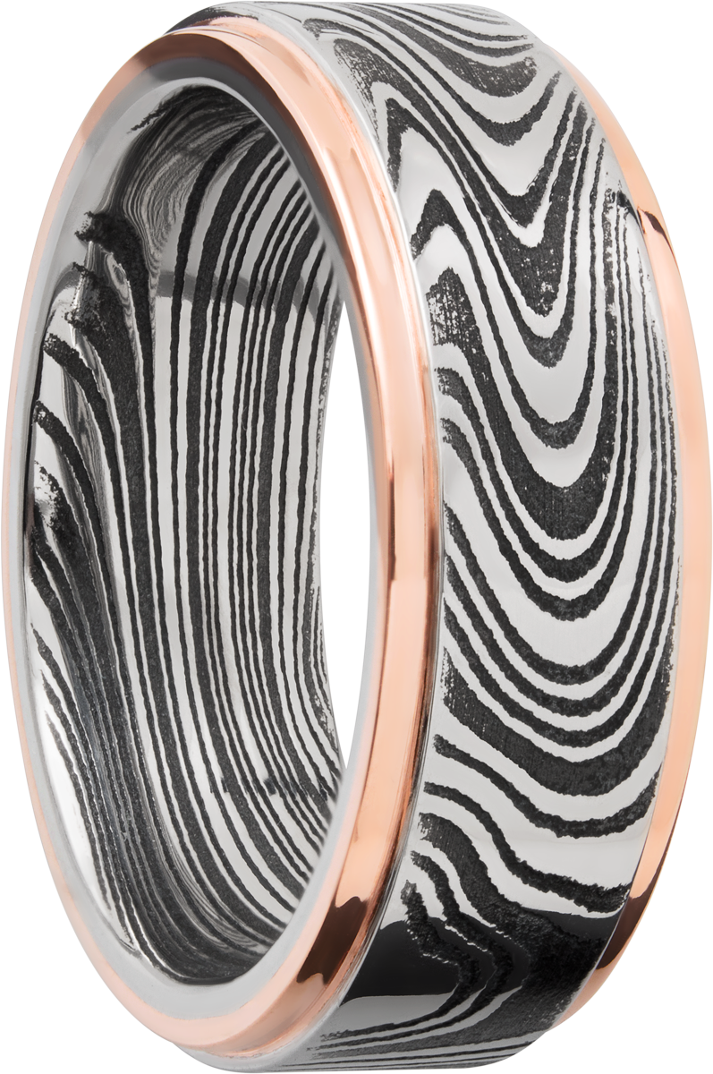 handmade 8mm marble damascus steel flat band with 14k rose gold grooved edges